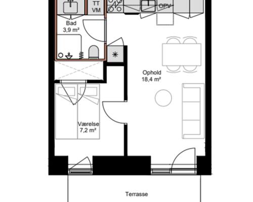 Nyopført 2-værelses lejlighed i Brokvarteret