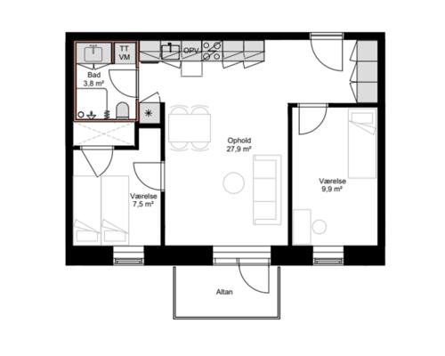 Nyopført 3-værelses lejlighed i Brokvarteret