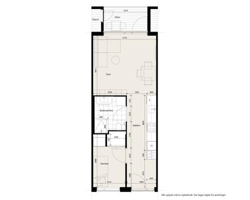 Moderne toværelses bolig med god plantegning