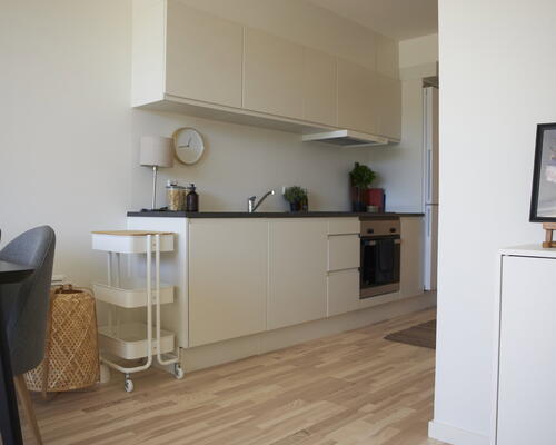 Lys toværelses bolig med egen terrasse, stort badeværelse og privat depotrum