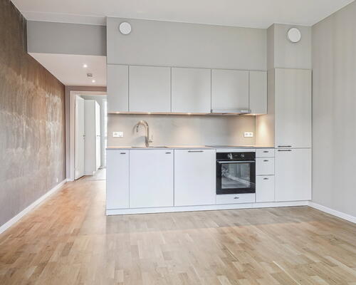 Lys stue og køkkenalrum i åben forbindelse