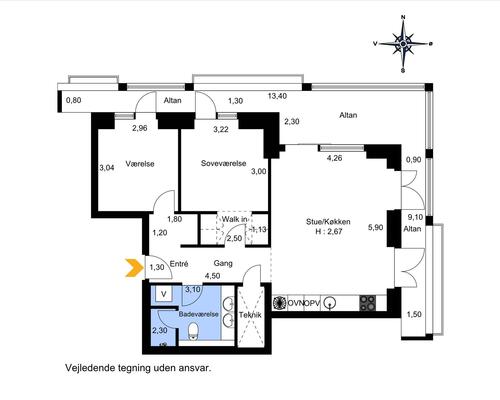 3 værelses lejlighed i København S