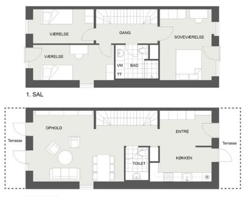 Flotte lyse rækkehuse i 2 plan i kværnloftet