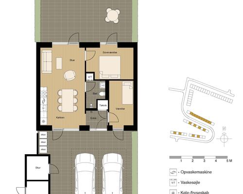 Nybygget rækkehus i ét plan med terrasse og parkeringsplads