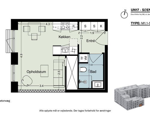 UN17 Søen  - Velindrettet 1 vær. lejebolig med trappenedgang– god studiebolig