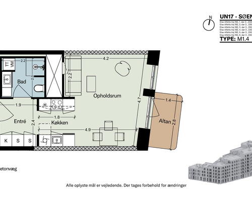 UN17 Søen - 1 vær. lejebolig med  østvendt altan med kig til Fælledens smukke natur – god studiebolig
