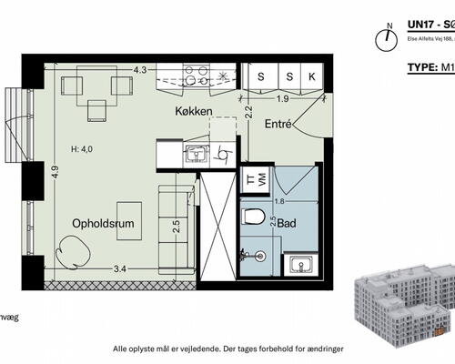 UN17 Søen  - Velindrettet 1 vær. lejebolig med trappenedgang– god studiebolig