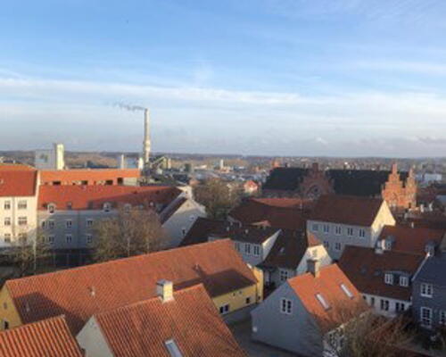 Lys lejlighed med synlige bjælker.
