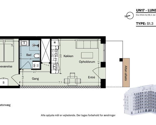 1 vær. bolig i UN17 Lunden - et bofællesskab for dig over 40 år Lys stue og køkkenalrum i åben forbindelse