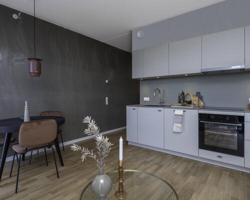 1 vær. bolig i UN17 Lunden - et bofællesskab for dig over 40 år Lys stue og køkkenalrum i åben forbindelse