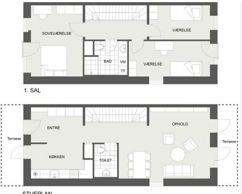 Flotte lyse rækkehuse i 2 plan i kværnloftet