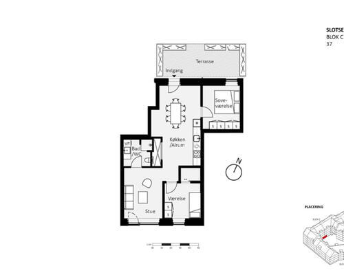 God stuebolig med terrasse. 3-vær. med central beliggenhed