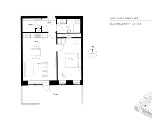 Skøn stor 2-værelses lejlighed med egen terrasse i et moderne byggeri