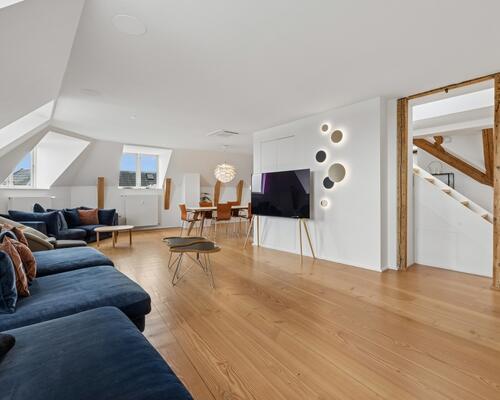 Eksklusiv møbleret penthouse med privat tagterrasse og panoramaudsigt over København til udlejning for 6-12 mdr.