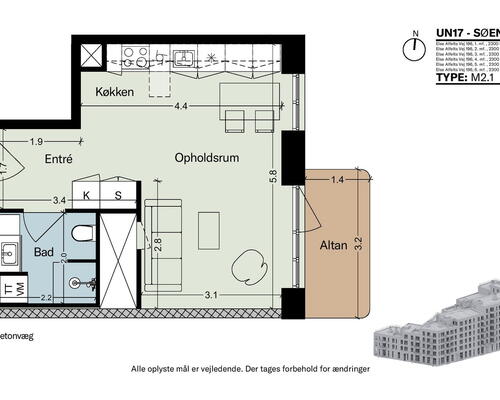 UN17 Søen - Velindrettet 2 vær. lejebolig med altan og udsigt til Søen og Fælleden