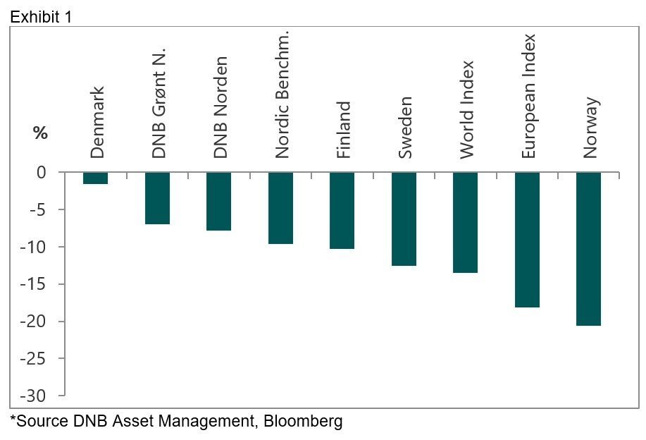 Bar graph showing the performance of the DNB Nordic strategy funds relative to the Nordic markets during the recent market turmoil.