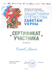 Сертификат участника международного конкурса рисунков  "Защитники Отечества Zаветам Vерны"