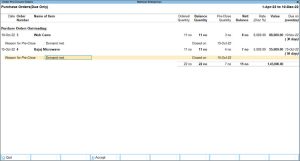 Partially Pre-Close Order in TallyPrime