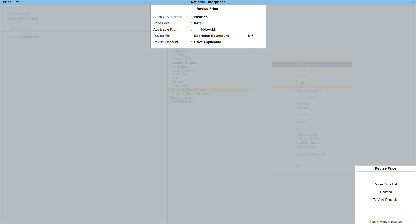 Revise price list
