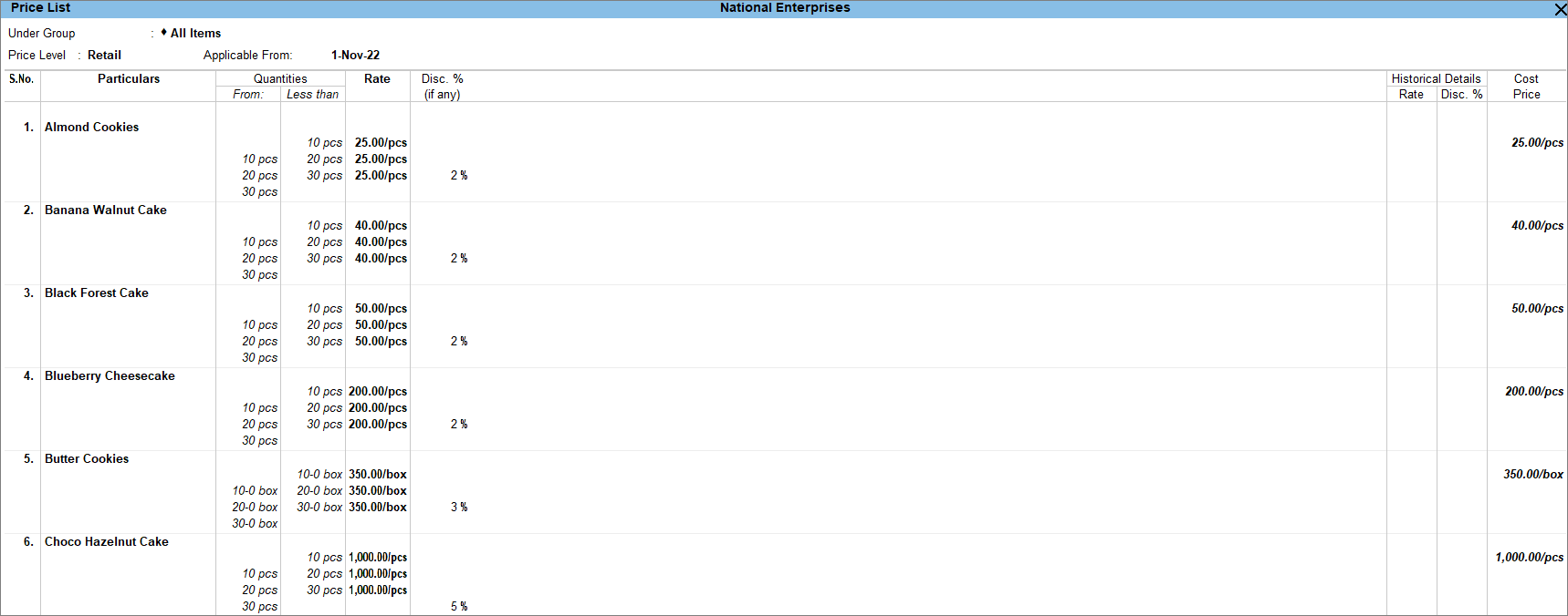 Defining a price list