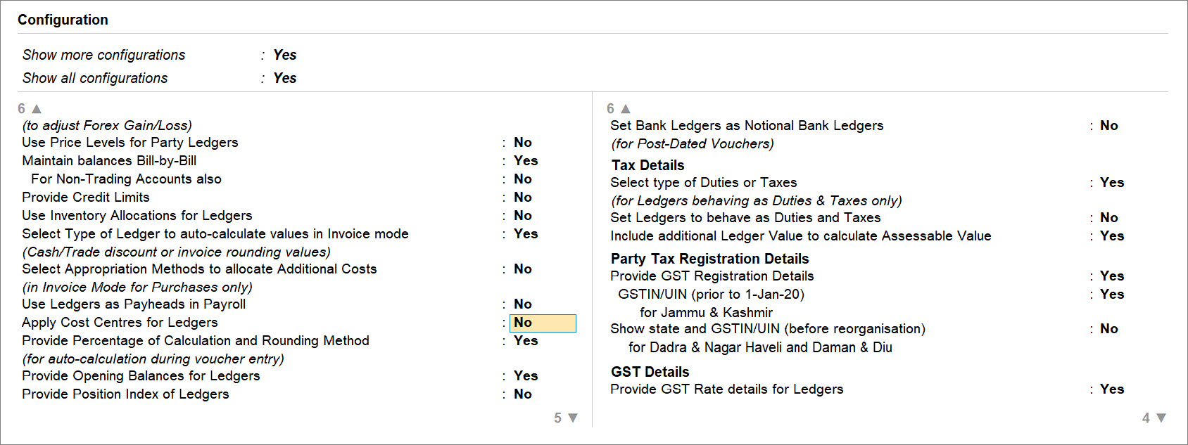 set-apply-cost-centres-for-ledgers-to-yes-ledger-configuration-tallyprime