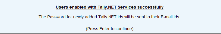 Users enabled with Tally.NET Services successfully