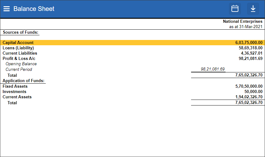Balance Sheet - TallyPrime Reports in Browser