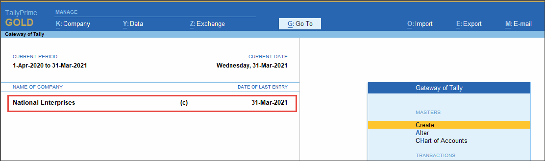 The Company National Enterprise is Connected for Viewing TallyPrime Reports in Browser