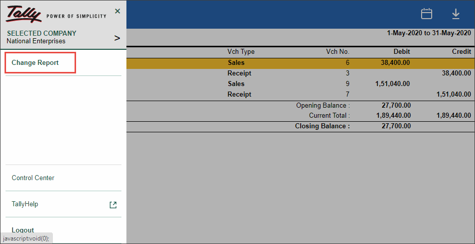 The Change Report Option in TallyPrime Reports in Browser