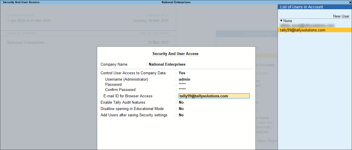 Security and User Access in TallyPrime