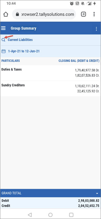 Search for Groups While Viewing Current Liabilities in Browser