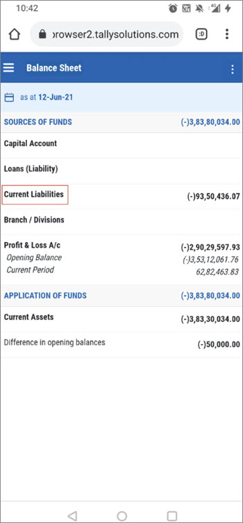 Tap on Current Liabilities in Balance Sheet to View the Report