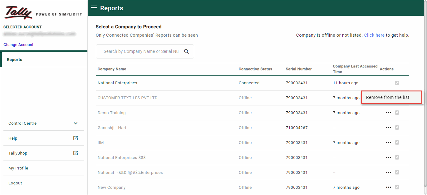 Remove Company from List When Accessing TallyPrime Reports in Browser