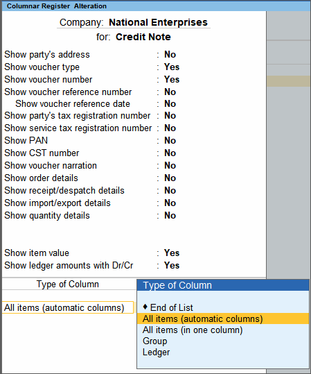 View credit note columnar register