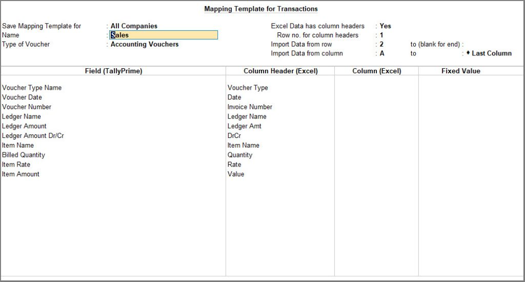 Mapping Template for Transactions