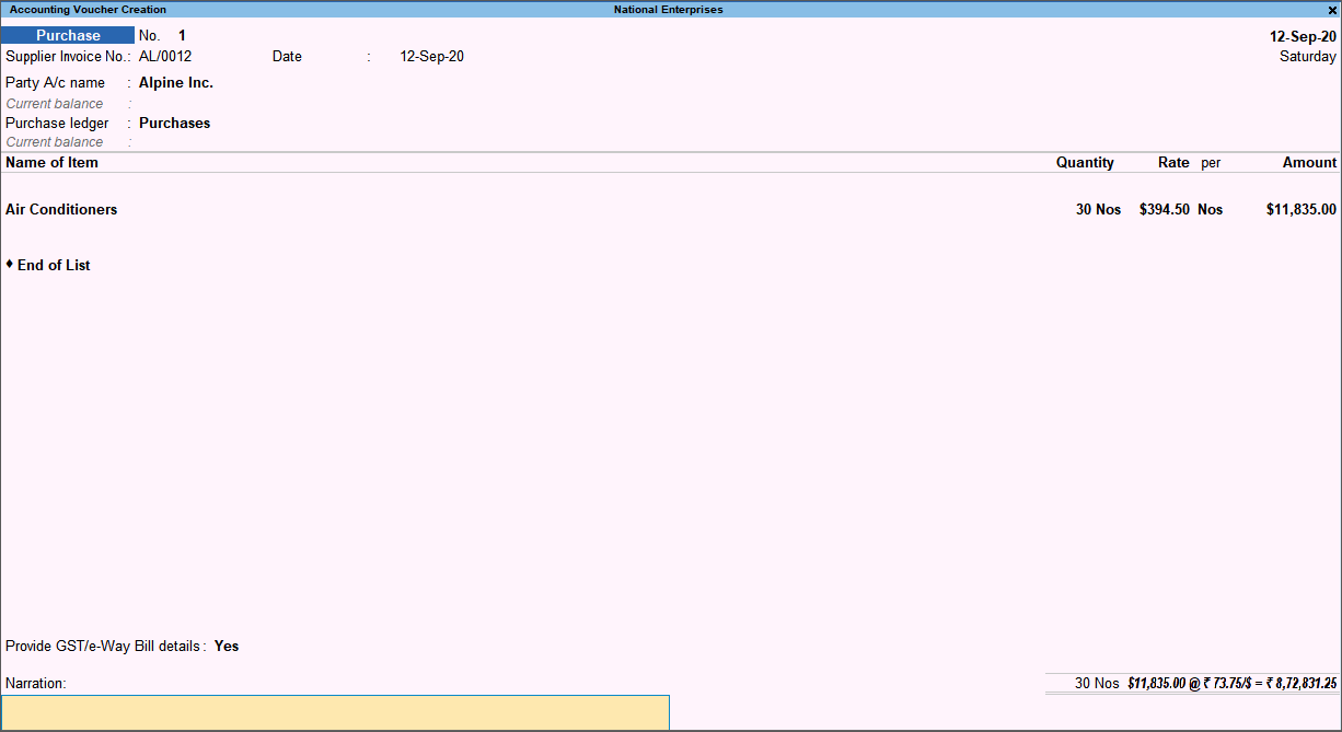 Purchase Voucher with Foreign Currency in TallyPrime