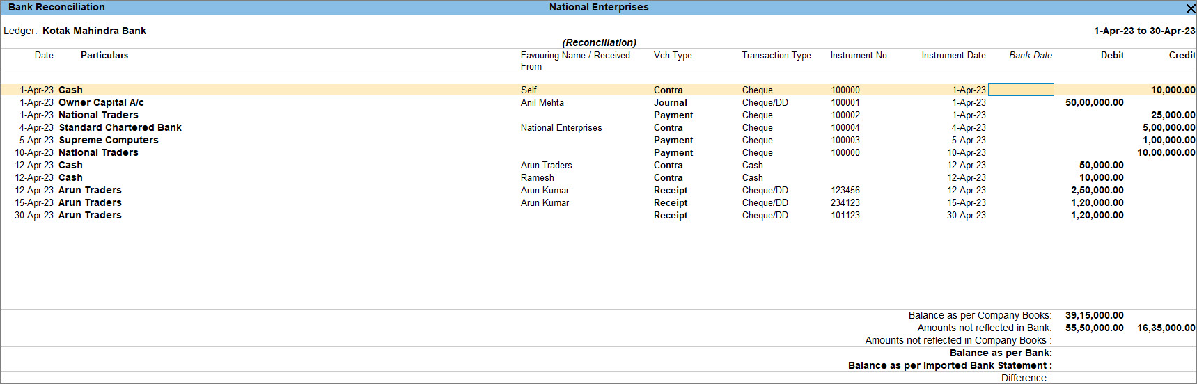 Bank Reconciliation screen