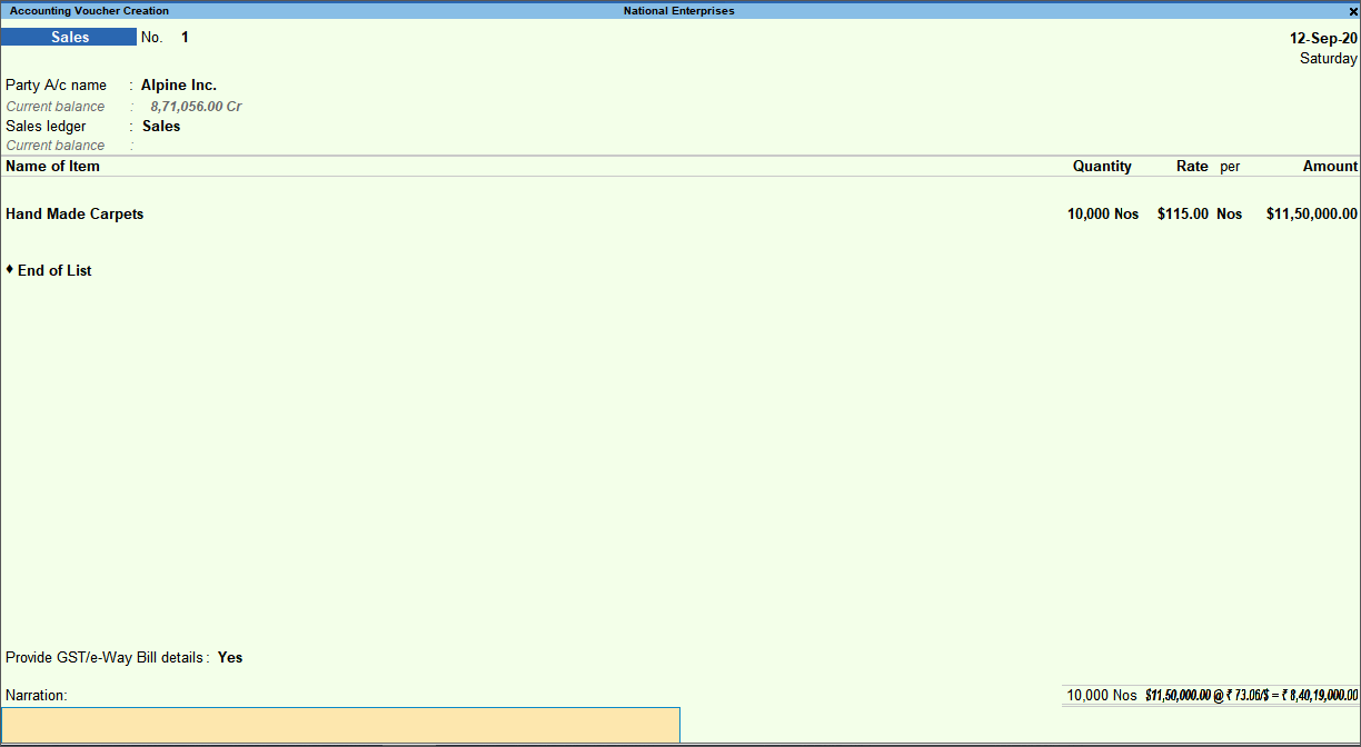 Sales Invoice with Foreign Currency in TallyPrime