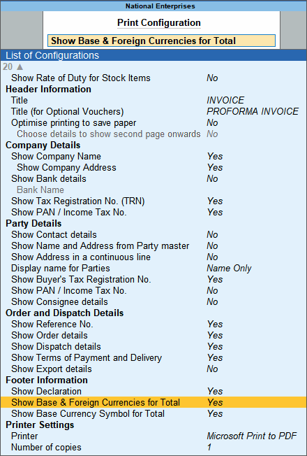 Print Configuration for Multi-Currency Accounting in TallyPrime