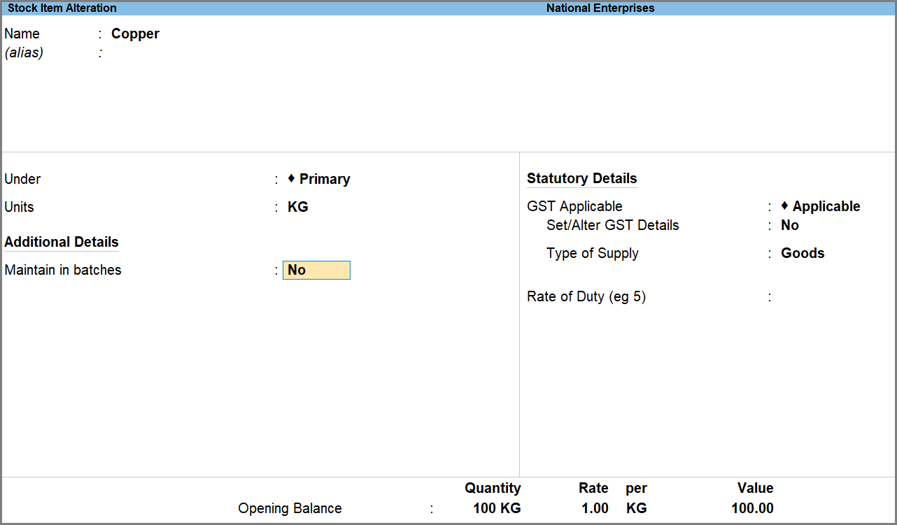 Disable Batches in TallyPrime for a Stock Item at the Stock Item Level