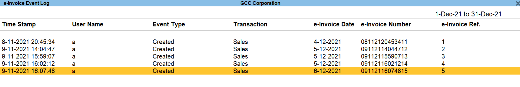 The e-Invoice Event Log report in TallyPrime
