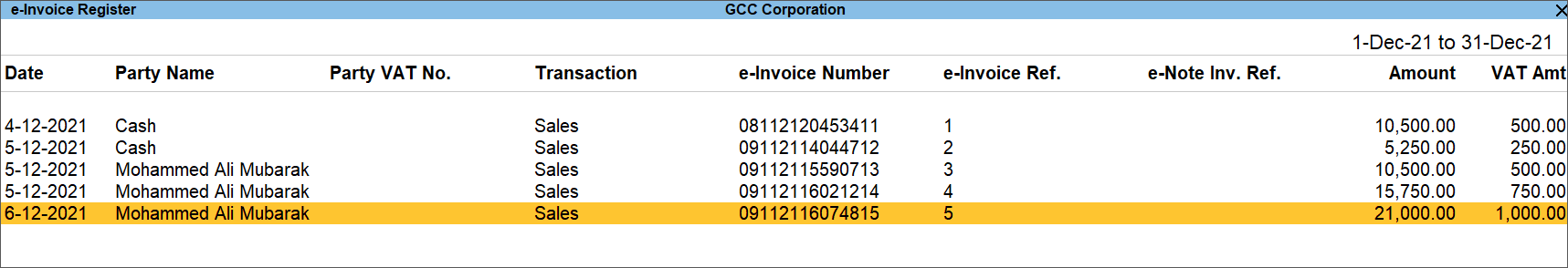 The e-Invoice Register report in TallyPrime