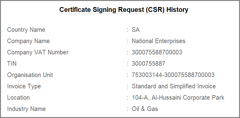 CSR Details (History) in TallyPrime