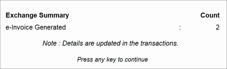 Exchange Summary After Bulk e-Invoice Generation in TallyPrime