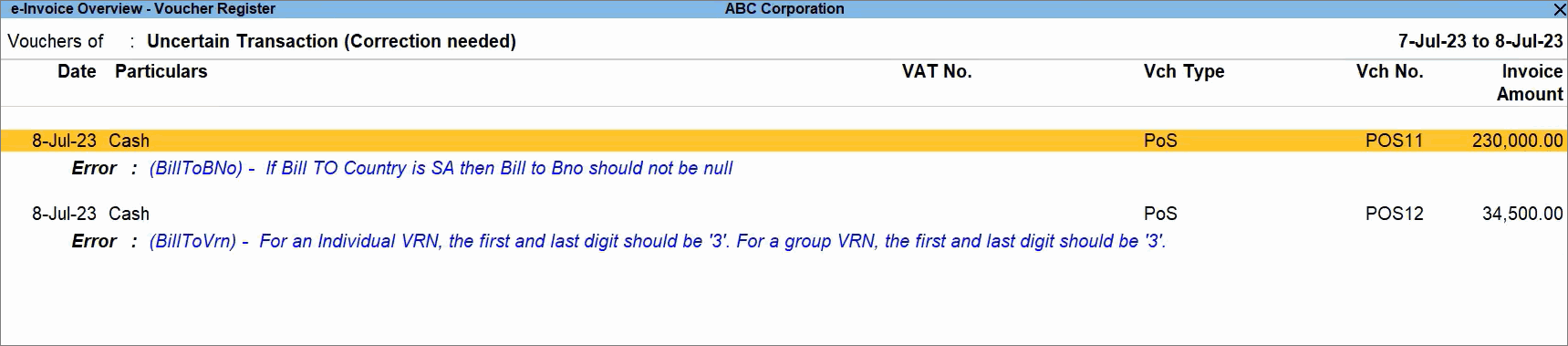 Uncertain Transactions in e-Invoice Overview in TallyPrime