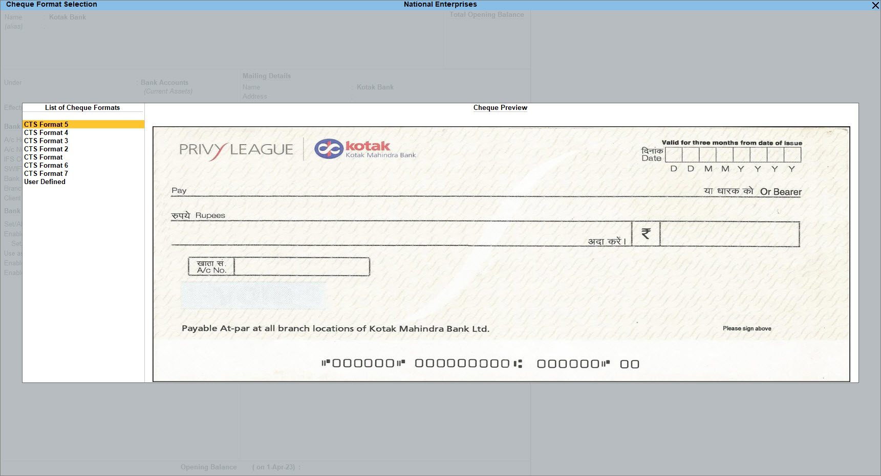 Cheque format