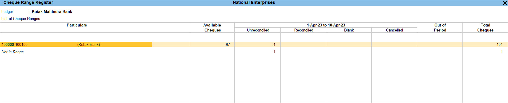 cheque range register