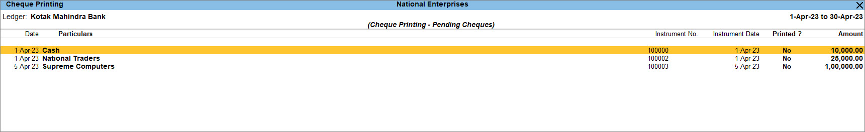 Pending cheque