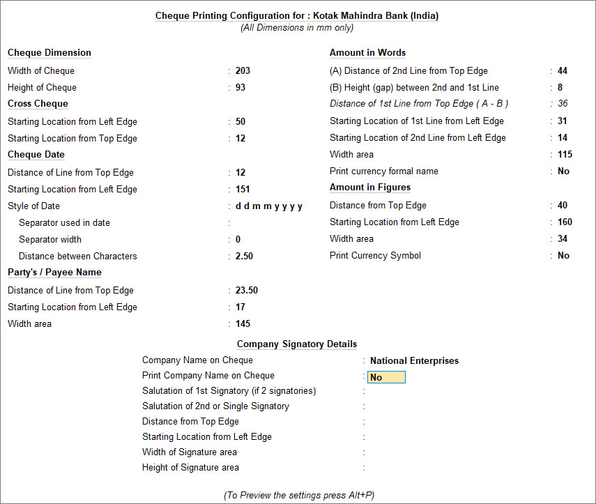 Predefined cheque configuration