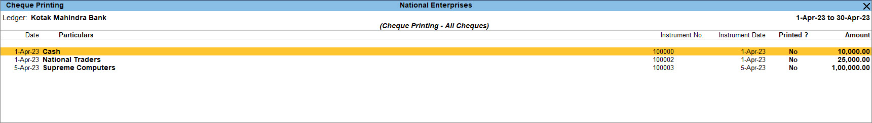 All cheque list